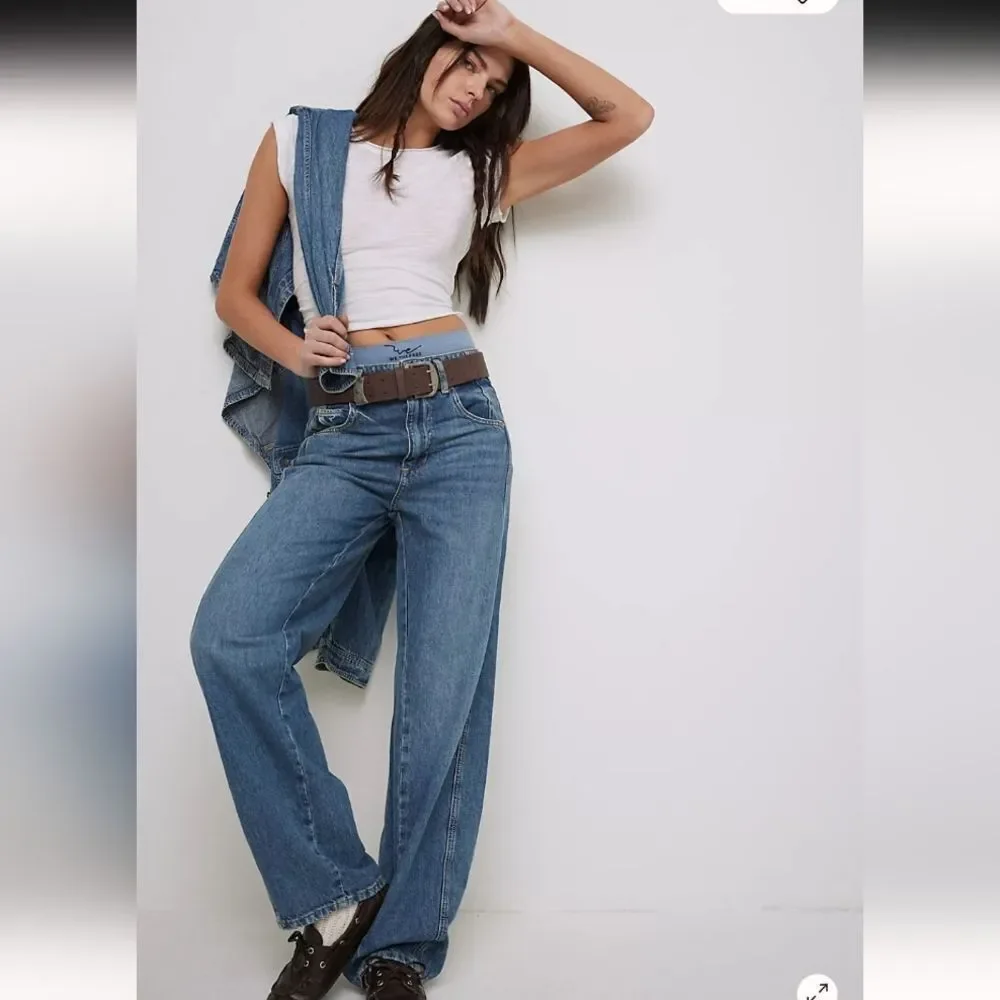 Free People Aster Straight Jeans Relaxed Fit Blue Denim Size 28